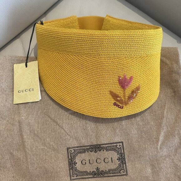 NWT GUCCI Hat Sun Visor Straw Yellow Sz S 100% Authentic - Picture 6 of 10